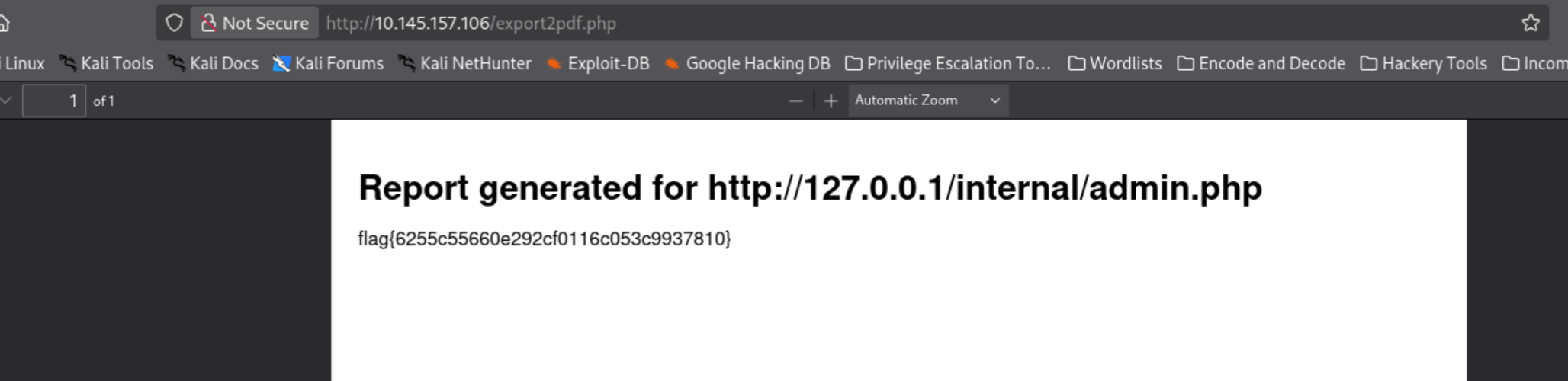 rendered PDF showing internal admin contents and flag